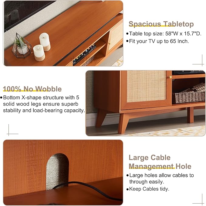 OKD TV Stand for 65+ Inch TV, 32'' Tall Highboy Entertainment Center, Mid Century Modern Media TV Console with Natural Rattan Door, Adjustable Shelves, Boho Television Stand, Cherry