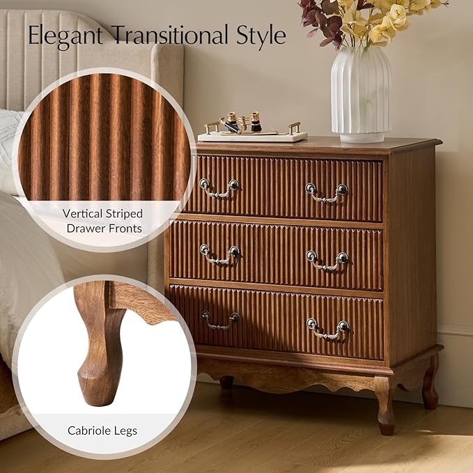HULALA HOME Transitional Side Table with 3 Drawers and Charging Station, 28" Solid Paulownia Wood Sidetable with Vertical Stripe, Cherry