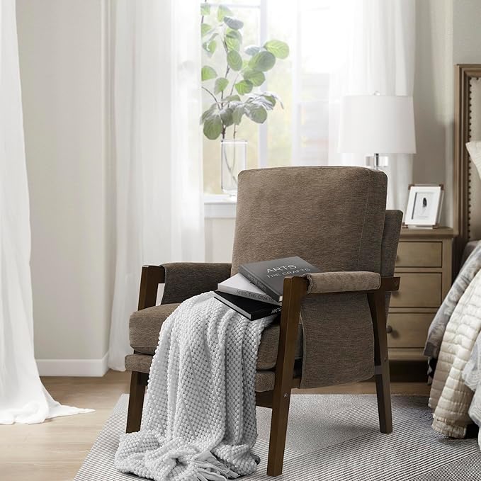 Modern Accent Chair for Living Room Mid Century Arm Chair Upholstered Bedroom Chair Comfy Lounge Chair with Solid Wood Frame, Dark Brown