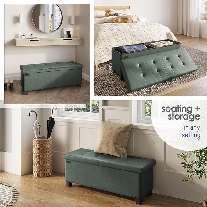 STORAGEBUD Storage Ottoman Bench with Bins, 43-in Storage Bench for Bedroom End of Bed, Folding Foot Rest Ottoman for Living Room Max 660lbs, Faux Leather Ottomans, Green