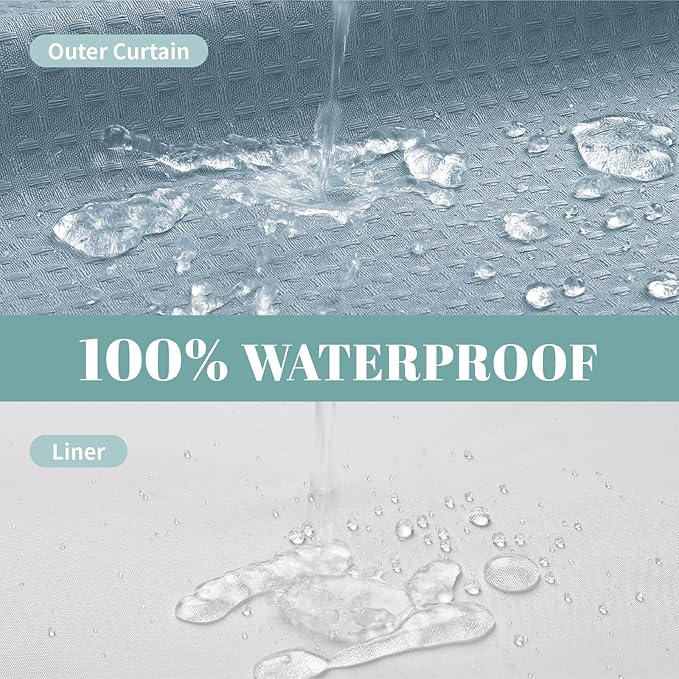 Teal Hook Waffle Weave Shower Curtain with snap-in Liner Replacement, 230GSM Waterproof Fabric Hotel Shower Curtain Set for Bathroom, Through Mesh Top Window,71Wx74H