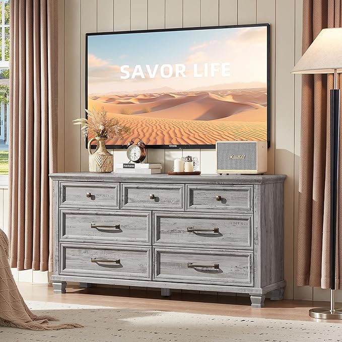 Farmhouse 7 Drawer Dresser for Bedroom, 54” Wide Dresser for Closet, Large Rustic Wooden Dressers, Chest of Drawers for Bedroom, Living Room, Entryway, Grey