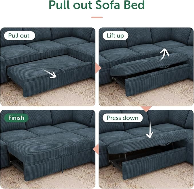 HONBAY Modular Sectional Sleeper Couch with Pull Out Bed, Corduroy L Shaped Sofa with Storage, Convertible Sectional Couches for Living Room, Blue