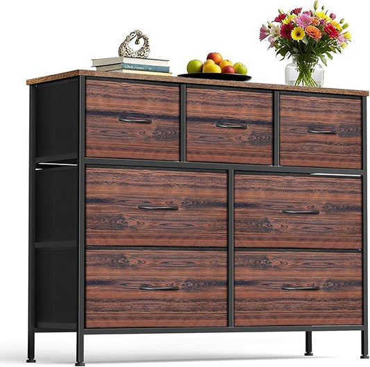Dresser for Bedroom with 7 Drawers, Chest of Drawers, Storage Drawers Organizer Unit, Black Wide Fabric Dresser with Fabric Bins for Closet, Living Room, Entryway (Brown and Rustic Brown)