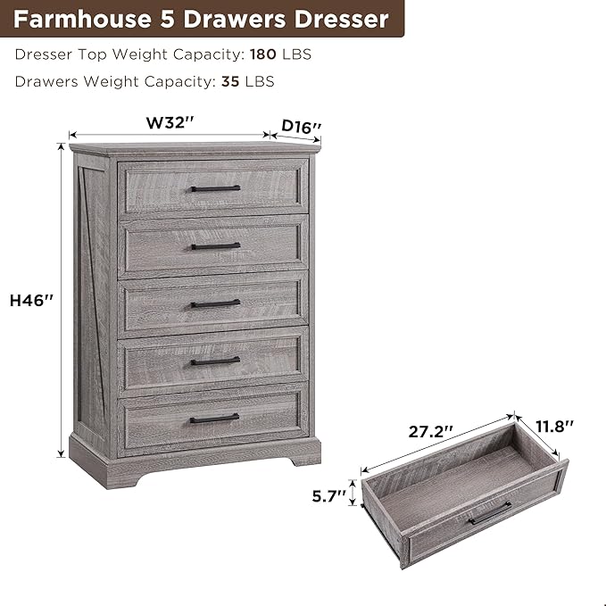 Farmhouse 5 Drawers Dresser Chests for Bedroom,46" Tall Wood Rustic Chest of Drawers with Wide Metal Handle,Natural Texture,Drawer Organizer for Bedroom,Living Room,Hallway and Entryway,Grey