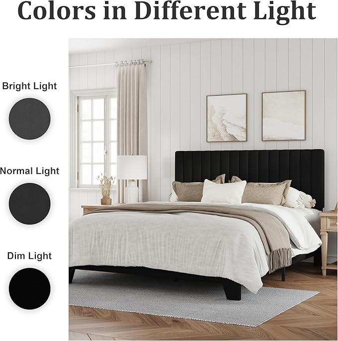 Full Size Bed Frame, Velvet Upholstered Platform Bed with Adjustable Tufted Headboard, Sturdy Frame and Slats, Noiseless, No Box Spring Required, Easy to Assemble, Black