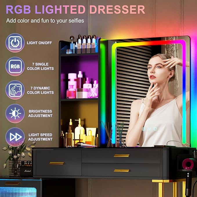 HNEBC Vanitys with HD Glass Display Table, Makeup Desk with Lighted Mirror and Charging Station, Dressing Table with RGB Lights,Jewelry Organizer,Cabinet,6Drawers,Chair for Women/Girls (Black)