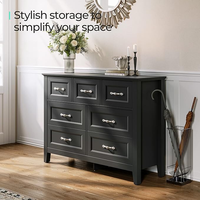 LINSY HOME Black Dresser for Bedroom, Long Dresser with 7 Drawers, Wood Chest of Drawers with Metal Handles, Ideal for Living Room, Entryway and Hallway