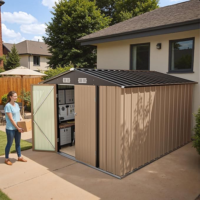 Greesum 8×10FT Outdoor Storage Shed, Metal Patio Storaged Sheds with Lockable Doors, Sheds & Outdoor Storage for Bike, Backyard, Pool and Garden, Brown