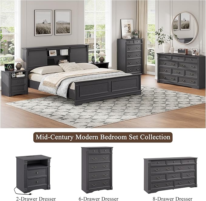 Nightstand with Charging Station, Farmhouse End Table with 2 Drawers and Storage Shelf, Wooden Bedside Table with Metal Handles, Vintage Design, Organizer for Bedroom, Hallway, Grey