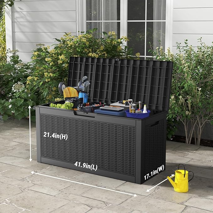 Mars Villa 60 Gallon Deck Box, Outdoor Storage Box Waterproof, Outside Resin Storage Bin for Outdoor Patio Furniture Cushions, Pool Supplies, Garden Tools, UV-Resistant and Weatherproof, Rattan Black