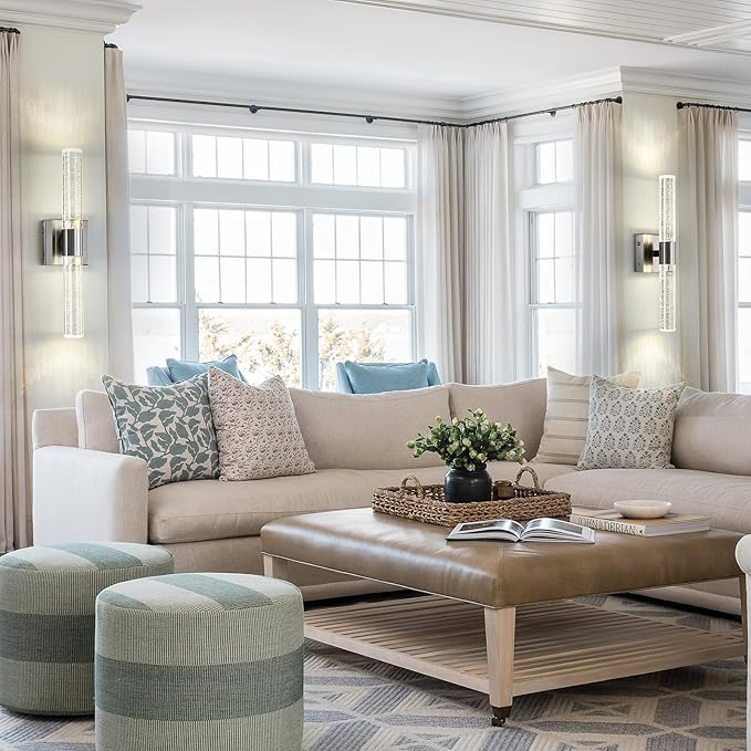 Wireless Wall Sconces Set of Two Battery Operated, 4000K Dimmable Crystal LED Bathroom Sconces Wall Lighting Modern Indoor Nickel Wall Lights for Bedroom Living Room