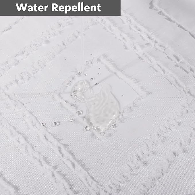 No Hook Shower Curtain Set with Snap in Liner, White Jacquard Tufted Geometric Bath Curtain, Boho Luxury Hotel Bathroom Decor, Waterproof Washable, 71 x 80 Inch