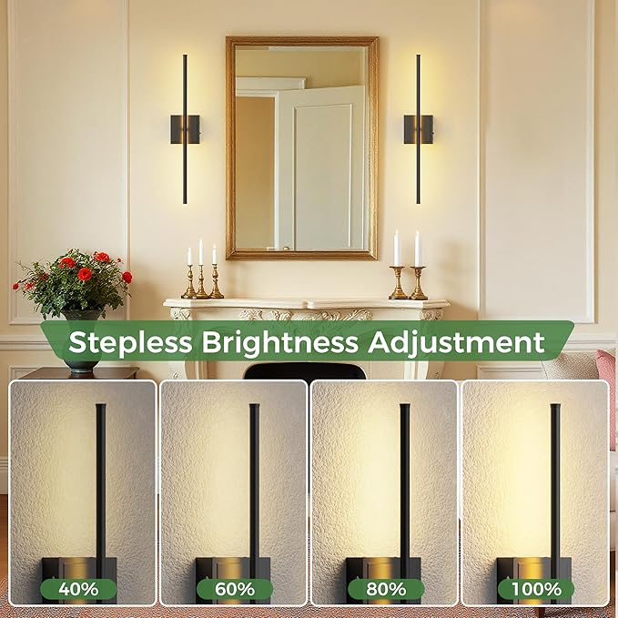 DORESshop Battery Operated Wall Sconces Set of Two with Remote Control, Rechargeable Wall Sconce, 350°Rotate Dimmable Wireless Wall Sconce for Living Room, Hallway, Bedroom, 23.7 Inch, Black(2 Pack)