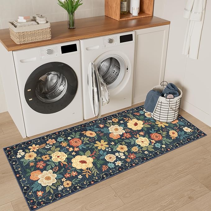 DUKINO 2x5 Runner Rug for Hallway, Washable Kitchen Floral Runner Rug with Non Slip Backing, Low Pile Soft Boho Carpet for Kitchen, Hallway, Entryway, Laundry, Bedroom, Navy Blue