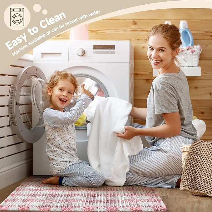 Waffle Bath Mat, Boho Bathroom Rugs Non Slip Washable Absorbent Checkered Bathroom Mat Quick Dry Cute Bath Mat, 36"x24" Pink and White