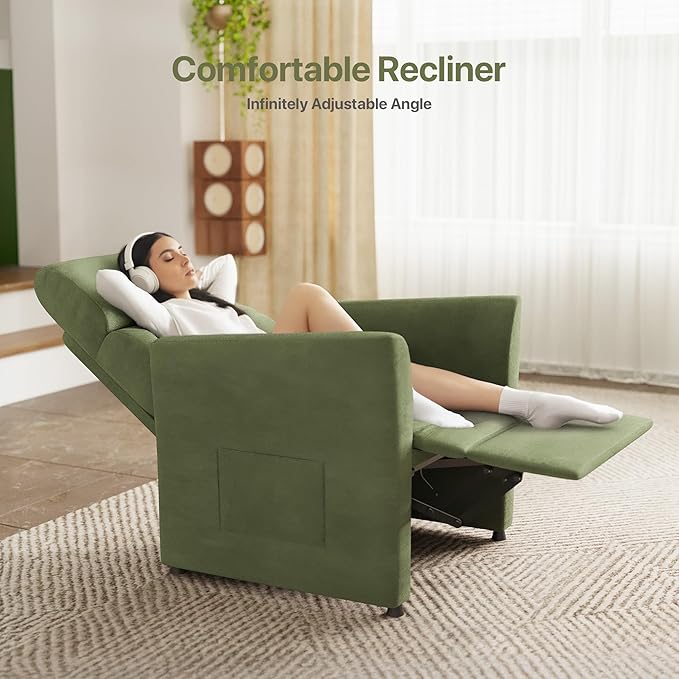 Claiks Power Recliner Chair for Adults, Adjustable Reclining Chair, Comfortable Recliner Couch with Side Pockets&Wire Remote Control, for Living Room, Home Theater, Bedroom, Linen Fabric, Green