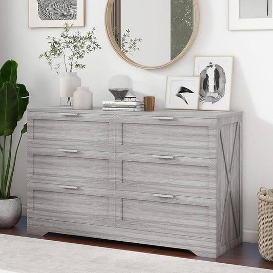Modern 6-Drawer Dresser for Bedroom, Dresser Chest of Drawer with Large Drawers & Silver Handles, Wooden Dressers Drawers Storage Unit for Bedroom, Living Room, Closet (Wash Grey)