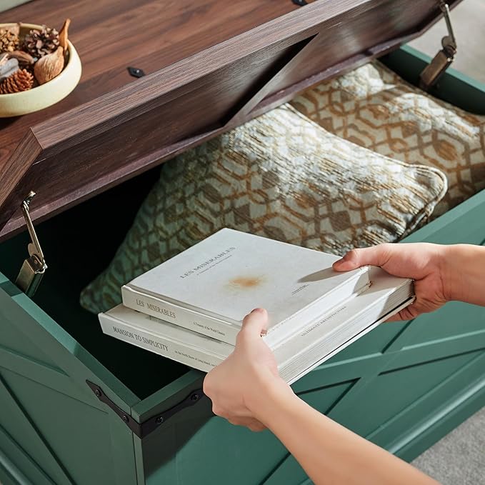 Farmhouse Square Coffee Table with Storage, Wood Center Table with Hinged Lift Top, Rustic Cocktail Table with Large Hidden Storage Compartment for Living Room, Bedroom,Green