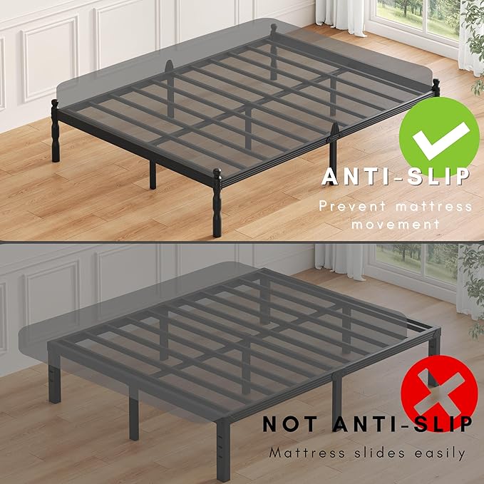 ZIYOO 14 inch Metal Queen Bed Frame with Vintage Style, Mattress Slide Stopper, 1500LBS Heavy Duty Steel Slats, No Box Spring Needed, Platform Noise-Free, Easy Assembly