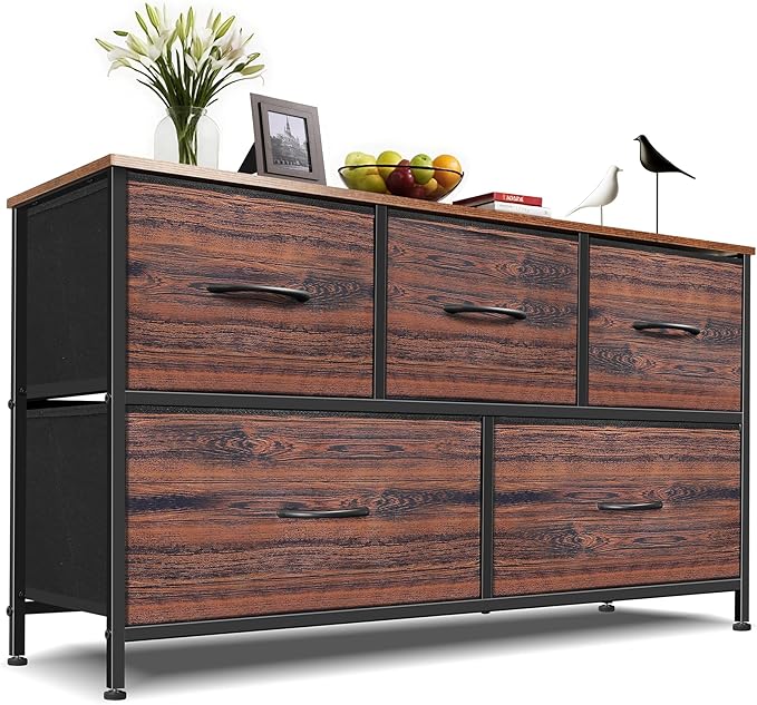 Dresser for Bedroom with 5 Drawers, Chest of Drawers, Storage Drawers Organizer Unit, Black Wide Fabric Dresser with Fabric Bins for Closet, Living Room, Bedroom (Brown and Rustic Brown)