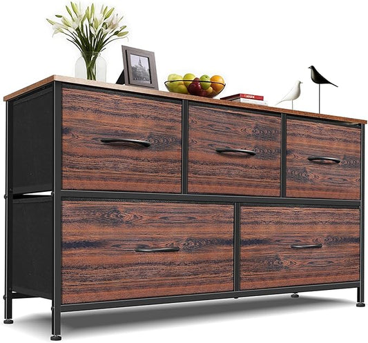 Dresser for Bedroom with 5 Drawers, Chest of Drawers, Storage Drawers Organizer Unit, Black Wide Fabric Dresser with Fabric Bins for Closet, Living Room, Bedroom (Brown and Rustic Brown)