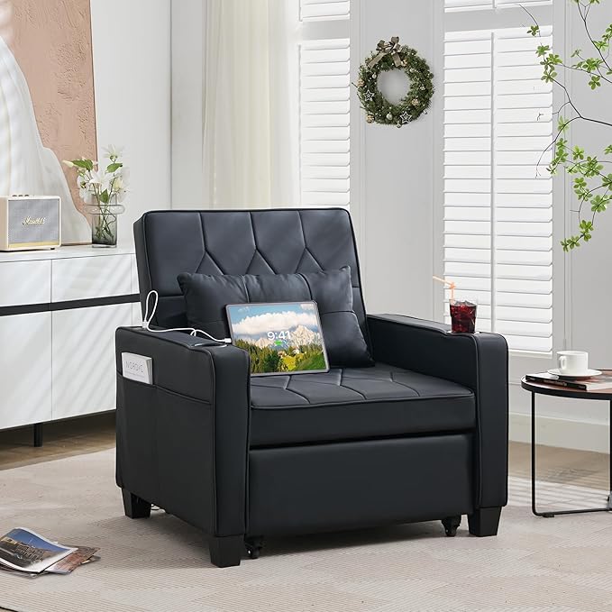 TYBOATLE Leather Convertible Sleeper Chair Bed for Adults, 3-in-1 Pull Out Sofa Chair Bed with USB/Type-C Ports, Cup Holders, Side Pockets, Single Sofa for Living Room, Bedroom, Office (Black)
