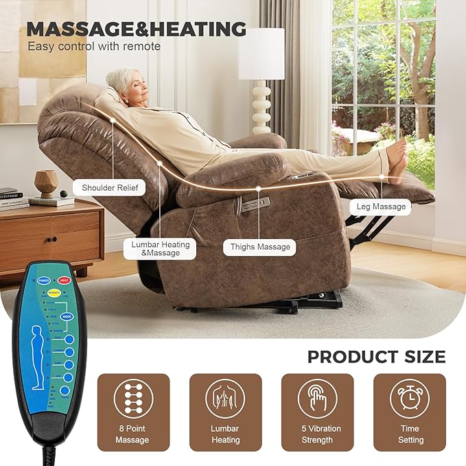 HUSFU Oversized Power Lift Recliner Chairs for Elderly with Massage and Heat, Extra Wide Recliners,Breathable Leather Lift Chairs w/Cup Holders, USB & Type-C Ports, Brown,1PC