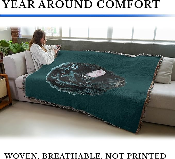 Pure Country Weavers Newfoundland Dog Woven Blanket Teal by Robert May - Gift Cotton Tapestry Throw - Made in The USA - 72" x 54"