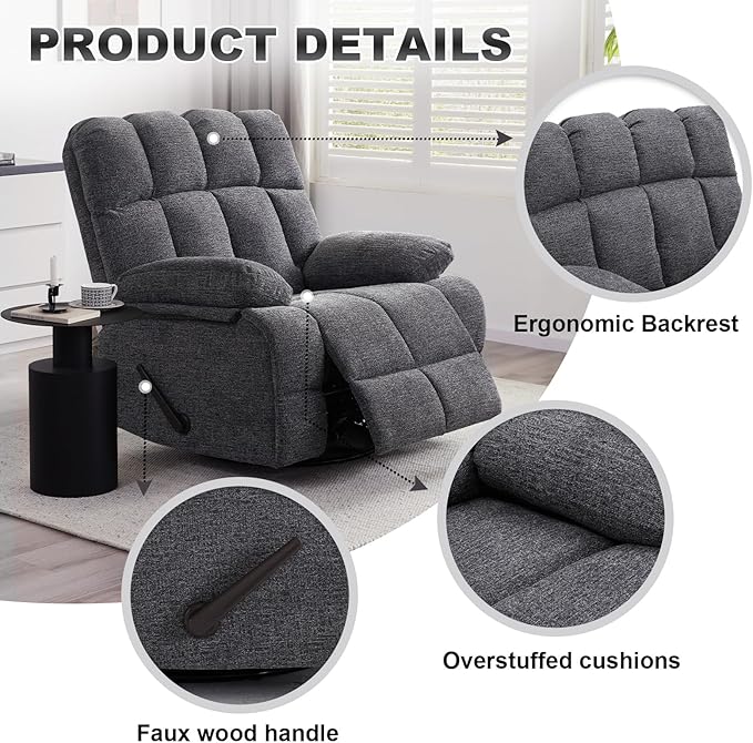 Oversized Swivel Rocker Recliner Chair for Adult, Rock Recliner for 350lb Big Man, Extra Wide Manual Recliners, Overstuffed Soft Rocking Sofa Chair,Light Grey