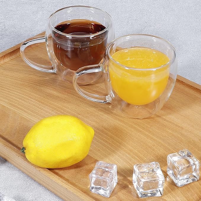 Clear Glass Double Wall Insulated Round Coffee Mugs Set of 2 Pieces - Small Size 5.5oz Best Reusable Coffee Mug for Home Cafe Restaurant Perfect for Espresso Capucinno Lungo Latte Coffee