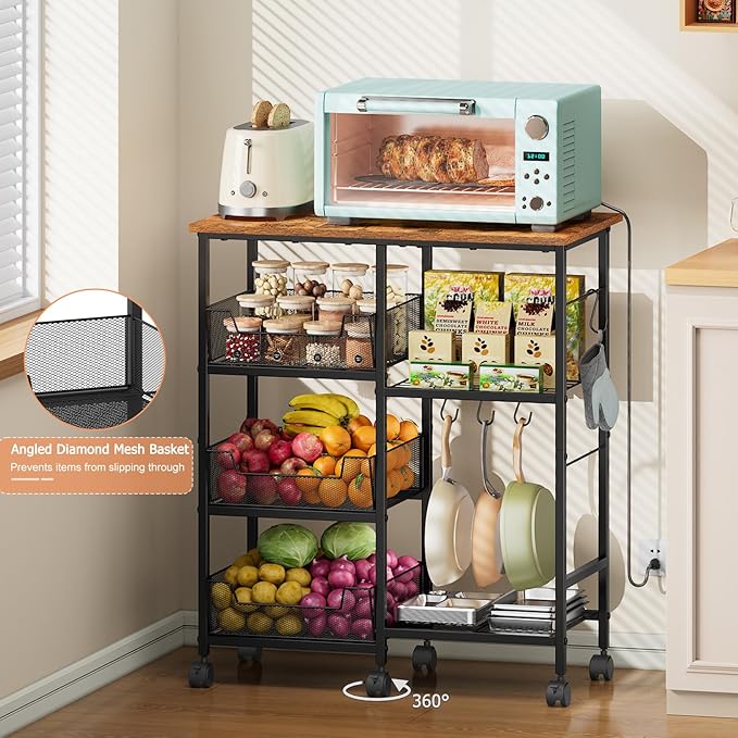 Rolling Kitchen Storage Microwave Cart, Kitchen Island with Adjustable Shelf on Lockable Wheels, Countertop 27.75"L × 15.35"W, Bakers Rack with Tilt-Out Baskets, for Kitchen, Coffee Bar, Living room