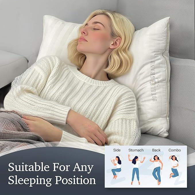 Hotel Grand Softy-Around Feather Down Pillows Queen Size Set of 2 Packs White Strip 100% Cotton Fabric Bed Pillows for All Position Sleepers,28"x20"/2 Packs