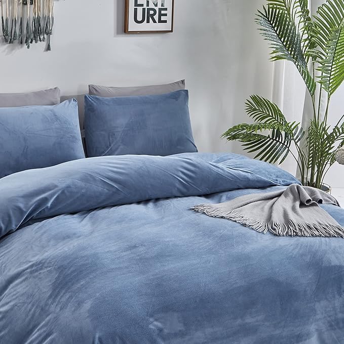 Cottonight Blue Velvet Comforter Full Size Bright Flannel Bedding Plain Lake Blue Winter Quilts Modern Heavyweight Warm 3 Piece Comforter Set for Full Bed