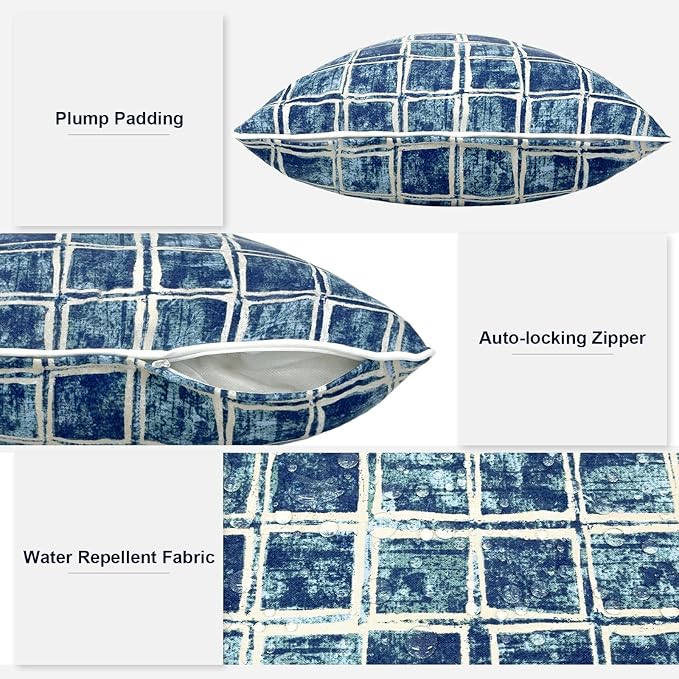 Outdoor Throw Pillow Covers Pack of 2, Decorative Water Repellent Square Pillow Cases 18x18 Inch, Patio Pillowcases for Home Patio Furniture Use, Denim Blue Checkered