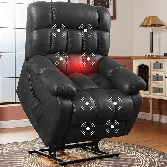 FLEXISPOT XL51 Dual OKIN Motor Power Lift Recliner Chair for Elderly, Lay Flat Electric Recliner with Massage & Heat, USB Ports, Faux Leather Reclining Sofa for Living Room Bedroom, Black