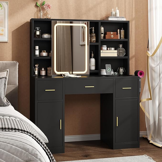 Vanity Desk with Sliding Mirror & LED Lights, Smart Makeup Table with Charging Station, Hairdryer Holder, 7 Shelves, 3 Drawers, 2 Cabinets, Vanity with Extra Hidden Stroage for Bedroom,Black