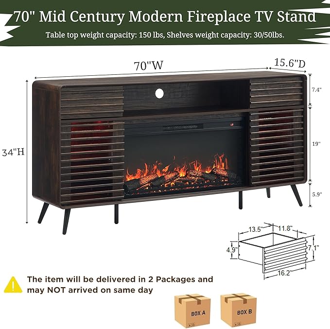 RedLemon Fireplace TV Stand for 80 Inch TV, Mid Century Modern Entertainment Center with 36" Electric Fireplace & Led Lights, Wood Media Console w/Slatted Sliding Doors for Living Room, Dark Walnut