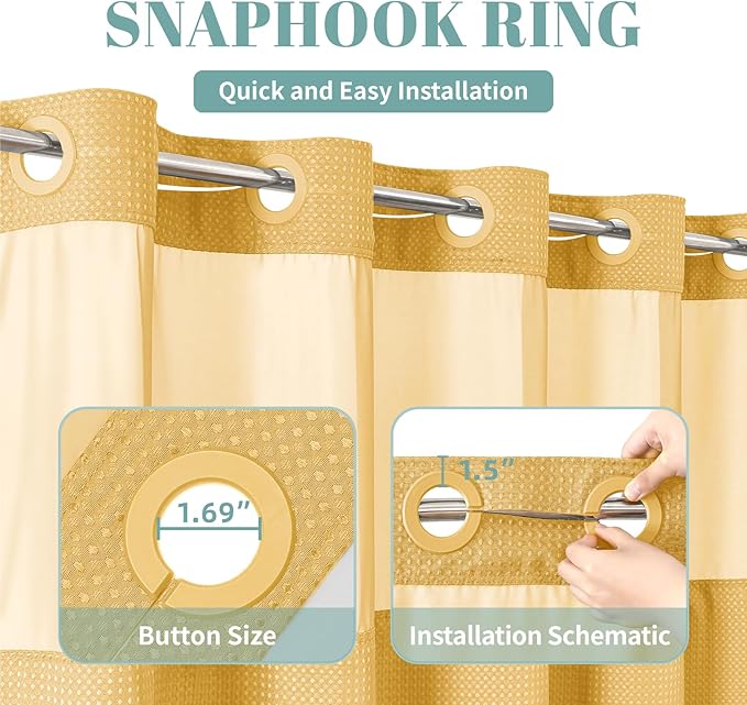 Gold No Hook Waffle Weave Shower Curtain with snap-in Liner Replacement, 230GSM Waterproof Fabric Hotel Shower Curtain Set for Bathroom, Through Mesh Top Window,71Wx74H