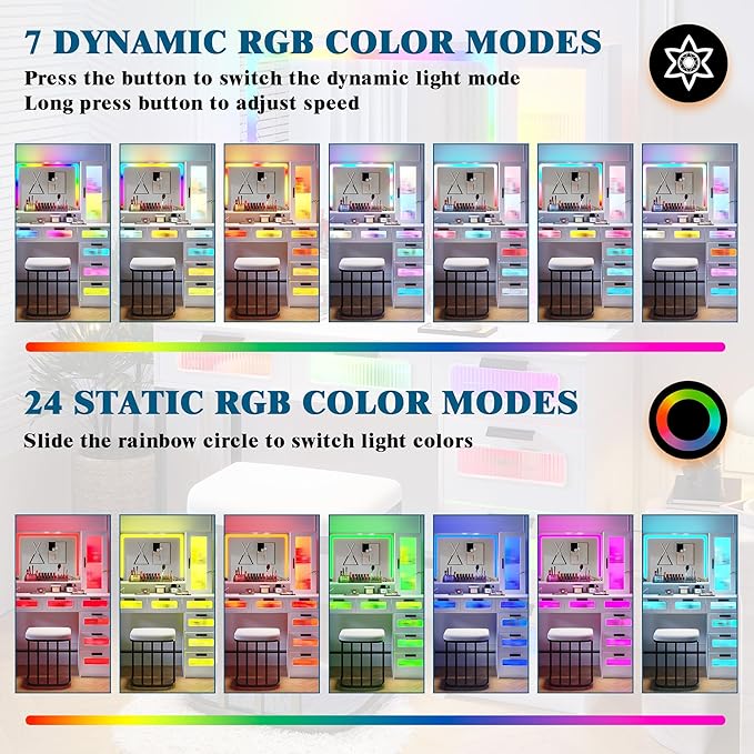 HNEBC RGB Vanity Desk with Mirror and Lights, LED Vanity Makeup Desk with USB/Wireless Charger Station, Vanities Dressing Table Sets with 6 Drawers/Cabins/Stool/Shelves for Bedroom&Cloakroom,White