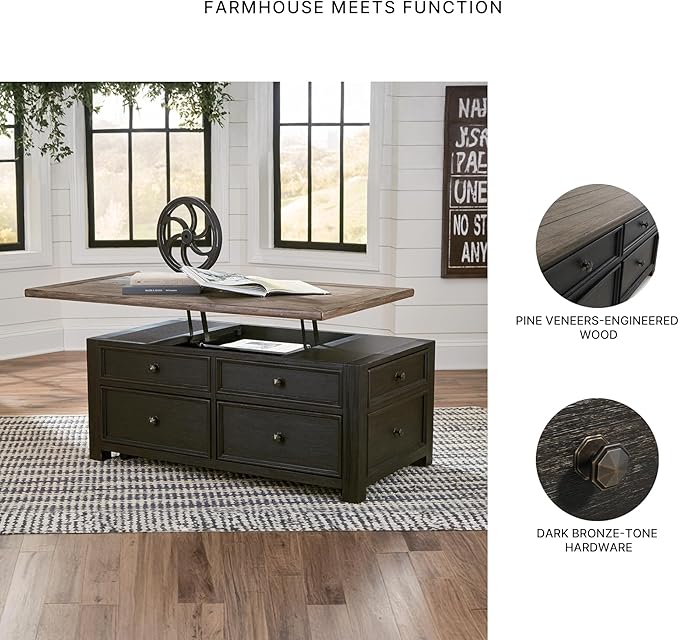 Signature Design by Ashley Tyler Creek Rustic Farmhouse Lift Top Coffee Table with Drawers, Brown & Black