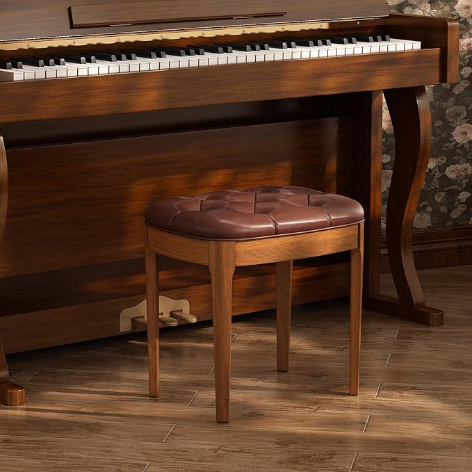 Solid Wood Button Tufted Vanity Stool, Ottoman Stool with Wood Legs & Padded Seat PU Leather Upholstered Piano Bench with Non-Slip Foot Pads Accent Chair for Bedroom Entryway, Wine Red