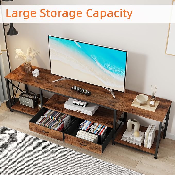 TV Stand with Fabric Drawers - Entertainment Center and Industrial Console Table with Open Storage Shelves for Living Room, Bedroom - 71.5" Rustic Brown