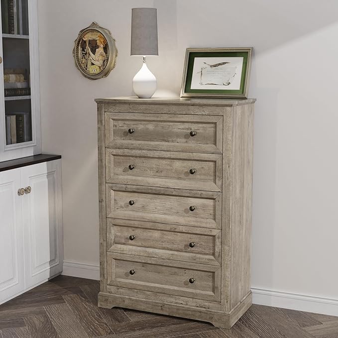 Farmhouse Dresser 5 Drawer, Bedroom Chest of Drawers, Dressers with 5 Drawers, Wooden Dressers for Bedroom, Living Room, Tv Stand, Entryway (Grey-5 Drawers)
