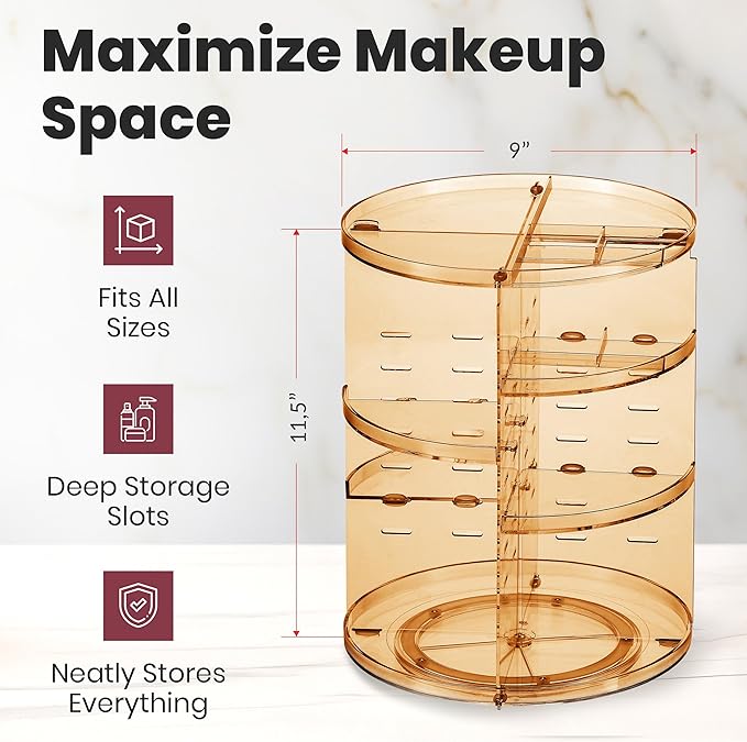 360 Rotating Makeup Organizer - Adjustable Shelf Height and Fully Rotatable - The Perfect Round Spinning Cosmetic Organizer for Bedroom Dresser or Vanity Countertop Storage (Brown)
