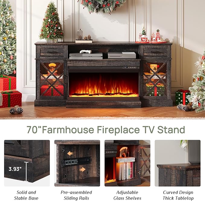3-Sided Farmhouse LED Fireplace TV Stand, 70" Large Entertainment Center Glass Doors for TVs up to 80", Modern Wood Grain High-Gloss TV Storage Cabinet for Living Room, Black