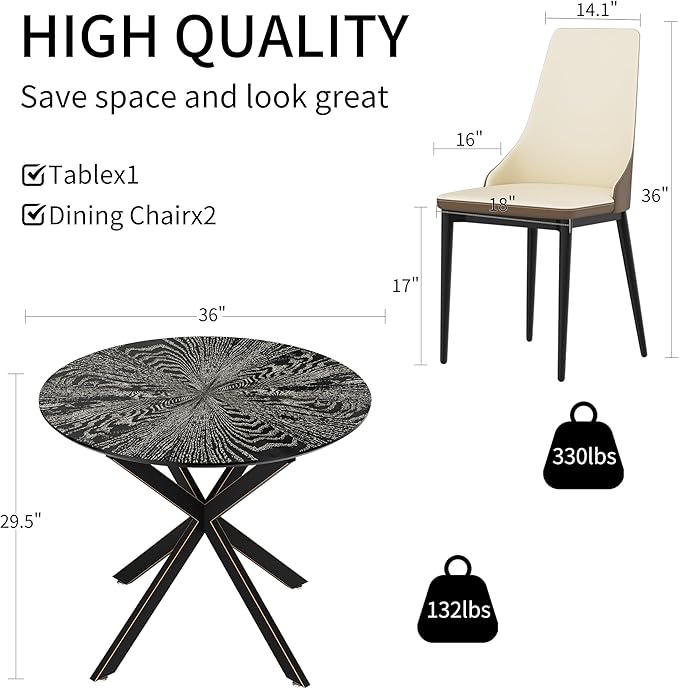 VFK Round Dining Table Set for 2,Small Kitchen Table and Chairs Set 36 inch Modern Metal Cross Base Dinner Table with 2 Cushioned Seat 3-Pieces Dining Set for Kitchen and Living Room