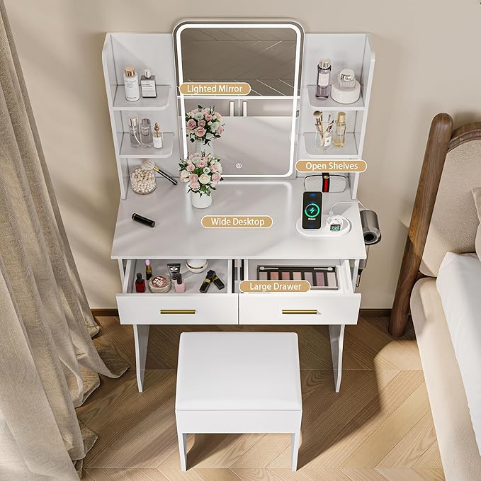 Makeup Vanity Desk with Mirror and Lights, White Vanity with Power Outlet and LED Lights, Vanity Table with 2 Drawers and 6 Storage Shelves, Vanity Set with Chair for Bedroom