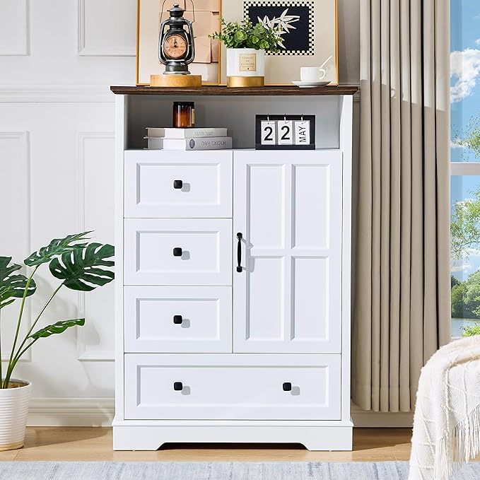 4+1 White Dresser for Bedroom, Chest of Drawers for Bedroom with Wooden Drawers and Cross Door, Wood Dressers Storage TV Stand for Bedroom, Living Room