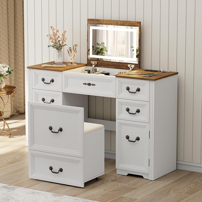 Farmhouse Vanity Desk with Flip up Vanity Mirror and Lights,Rustic Makeup Vanity with Charging Station and Hidden Drawer,Vanity Table Set with Drawers/6-Compartment/Cabinets,White